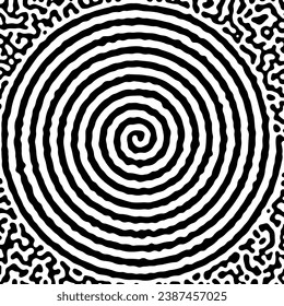 Black and white spiral with abstract Turing ornament halftone reaction diffusion psychedelic background. Vector generative algorithm illustration.
