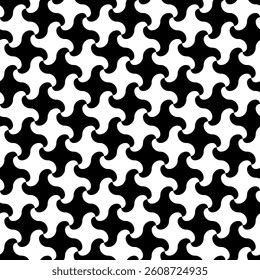 Black and white spiral curl cross with rounded tips vector square seamless pattern or texture