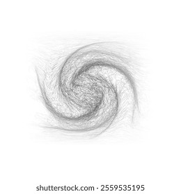 A black and white spiral drawing features thin, wavy lines that create movement and depth
