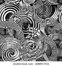 Black and white spiral shapes and circles seamless pattern. Halftone checkered mosaic background. Vector repeat grid backdrop. Geometric trendy ornament with spirals, circles, stripes, lines, squares.