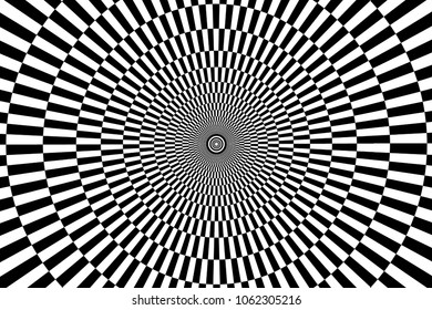 Black and white spirals of the rectangles radial expanding from the center, Optical illusion - chessboard swirl,