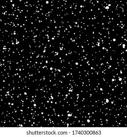 Black and white splash, spatter, chaotic grunge splatter hand drawn seamless background. Spray, blobs vector pattern, uneven dots, tiny blots, spots texture. Paint flecks, specks, falling snow, stars.