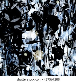 Black and white with splashes of color. Contrast. Light and dark. Repeating pattern of three leaves, shapeless spots, streaks and wavy lines. Shuffle randomly. Seamless abstract pattern