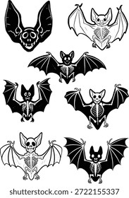 Colección de murciélago espeluznante en blanco y negro con esqueletos visibles, Elementos gráficos de Vector dibujados a mano perfectos para la decoración de Halloween