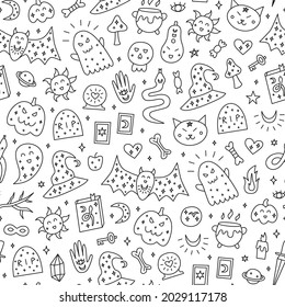 Black and white spooky seamless pattern with doodle outline Halloween icons including pumpkins, bat, witch hat, ghost, snakes, gravestone, hands, sun, moon, mushrooms, bones, scull, candles, etc.