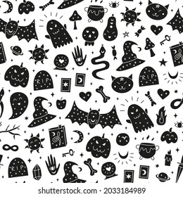 Black and white spooky seamless pattern with doodle Halloween icons including pumpkins, bat, witch hat, ghost, snakes, gravestone, hands, sun, moon, mushrooms, bones, scull, candles, etc.