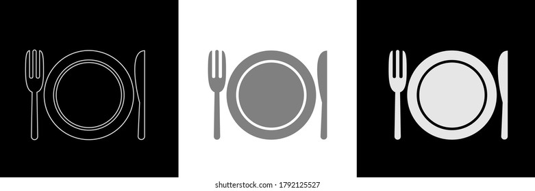 Cuchara blanca y negra, Cuchilla y horquilla cerca del vector de iconos de la placa. Estilo moderno plano para el menú del restaurante, diseño gráfico