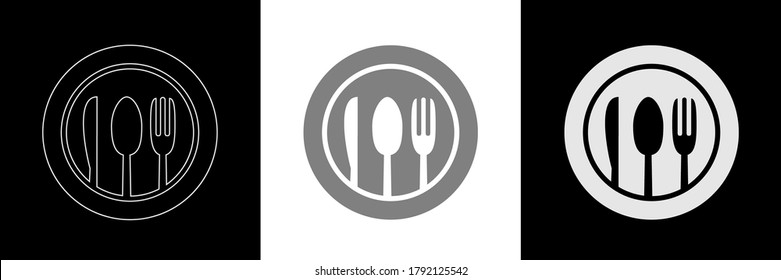 Schwarz-Weiß-Spoon, Messer und Gabel auf Platte mit Selvage Icon Vector. Trendy Flat Style für Restaurantmenü, Grafikdesign