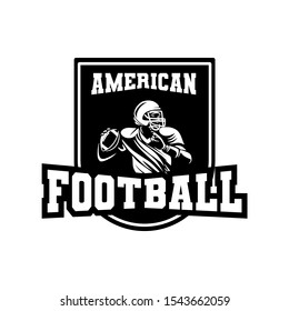 Black and white sport badge of american football player with shield