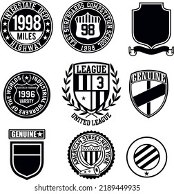 Conjunto de iluminación vectorial de logotipos de emblemas deportivos en blanco y negro