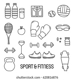 Black and white sport and fitness doodle set, collection.