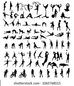 Black and white sport silhoettes set. Exercises and different workout illustration set on white background