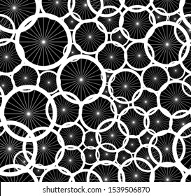 Black and white sport vector seamless pattern with bicycle wheels, biker background