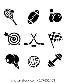 Black and white sporting icons depicting tennis, football, bowls, archery, hockey, motor racing, weight lifting, table tennis,rugby and volleyball