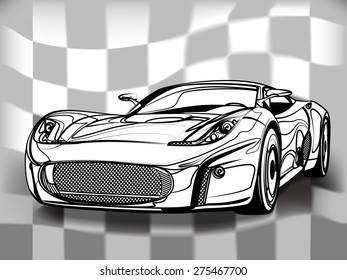 Black and white sports car. Drawn lines.