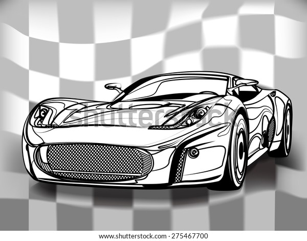 Black and white sports\
car. Drawn lines.
