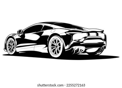 Black and white sports car or supercar vector illustration