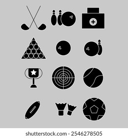 Black and white sports equipment vector icon set