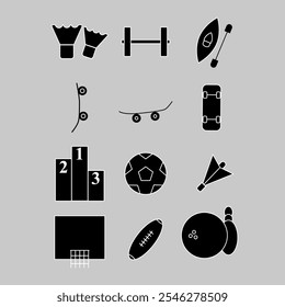 Black and white sports equipment vector icon set. Shuttlecock, kayak, skateboard, soccer, bowling, etc.