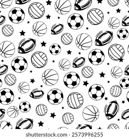Black and white sports-themed pattern showcasing basketballs, soccer balls, volleyballs, footballs, and stars. Ideal for creative designs, merchandise, backgrounds, and athletic-inspired projects.