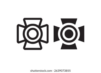 Black and white spotlight icon with bold geometric design.