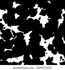 Black and white spotted animal print of Dalmatian or cow. Vector background with animal print. Texture spots and dots of different shapes.