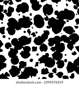 Black and white spotted animal print of Dalmatian or cow. Vector background with animal print. Texture spots and dots of different shapes.