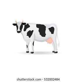 Black and white spotted cow isolated .Cute farm cattle domestic animal. Vector flat ilustration on a white background.