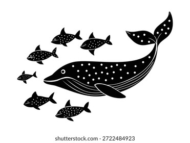 Ballena moteada blanca y negra con peces Pequeños