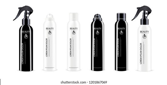 Black and white spray bottle cosmetics package with different color dispenser cap. Isolated container design with pump for liquid, water, oil, tonic, other products. Vector mockup illustration.