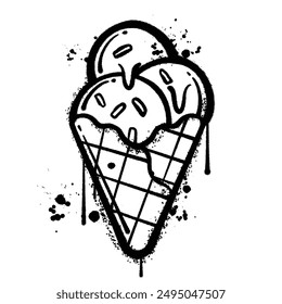 A black and white spray paint illustration of an ice cream cone with melted drips on a white background.