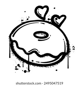 A black and white spray paint illustration of a donuts with two hearts.