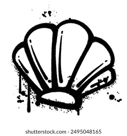 A black and white spray paint illustration of a seashell with splatter effects.