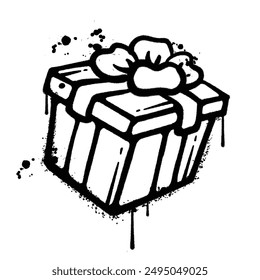 A black and white spray paint illustration of a gift box with a bow, stylized with a grunge aesthetic.