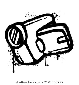 A black and white spray paint illustration of a video camera.