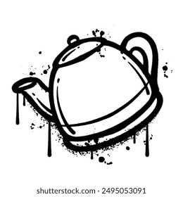 A black and white spray paint illustration of a teapot.
