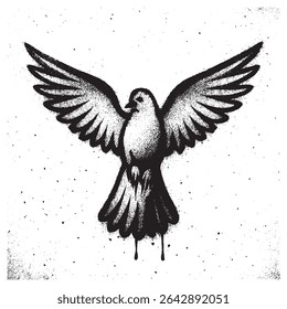 Black and White Spray Paint Stencil of Flying Dove with Paint Drips.	
