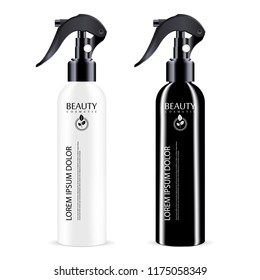 Black and White sprayer cosmetics bottle with black dispenser cap. Isolated container design with pump for liquid, water, oil, tonic and other cosmetic products. Vector mockup illustration.