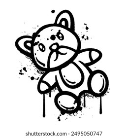 A black and white spray-painted illustration of a teddy bear with a whimsical style.