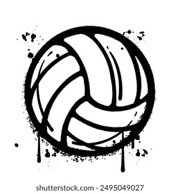 A black and white spray-painted image of a volleyball with splatters and drips of paint.