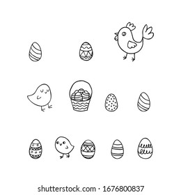 Black and white spring doodle set for Easter: easter eggs, chickens and basket with eggs on a white background. Black line graphics