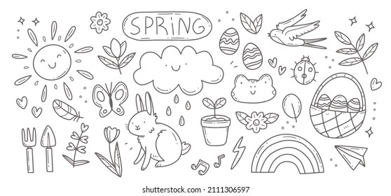 Black and white spring doodle set. Cute set of spring cliparts, easter elements. Isolated illustration.
