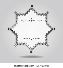 Black and white spring floral border blank star emblem design element on gray gradient background