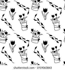 Black and white spring flowers in a pot with a bow. Seamless vector pattern in doodle style. Illustration for fabric, mugs, covers.
