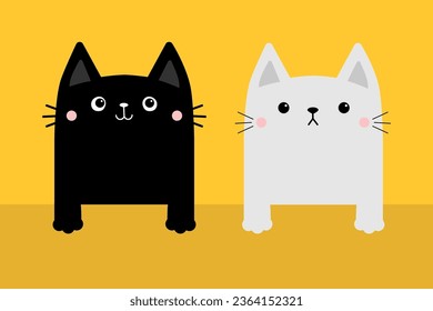 Black white square cat set. Kittens with hands. Paw print on the table. Funny Kawaii animal. Cute cartoon baby character. Pet collection. Flat design Yellow background. Vector illustration