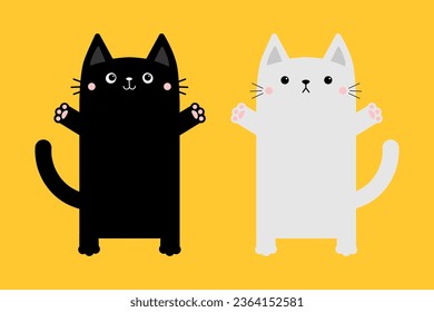 Black white square cat set ready for a hugging. Kitty standing reaching for a hug. Open hand paw print. Funny Kawaii animal. Cute cartoon baby pet character. Flat design White background Vector