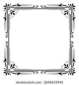 A black and white square frame features an elegant ornate design with floral and scroll motifs at each corner and along the sides. The style is classic and vintage.
