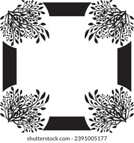 a black and white square frame with a floral design, Black and white tree leaf frame with leaves silhouettes. ornament, floral frame with leaves silhouettes. floral ornament