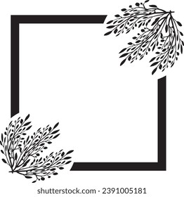 a black and white square frame with a floral design, Black and white tree leaf frame with leaves silhouettes. ornament, floral frame with leaves silhouettes. floral ornament