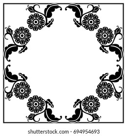 Black and white square frame with flowers. Copy space. Design element for your artwork. Vector clip art.